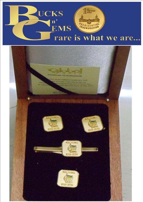100 YEARS CENTENNARY SET - MENS CUFFLINK AND TIE PIN SET 24 KARAT GOLD PLATED