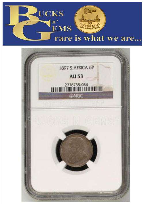** AU53 ** 1897 ZAR 6 PENCE ** AU53 **-- NGC GRADED