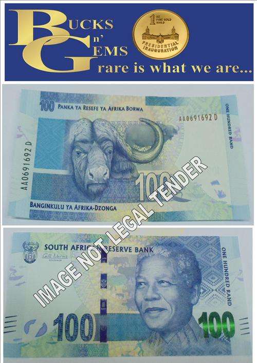 BRANDNEW -- MANDELA NOTE -- R100  SERIAL NUMBER "AA - 06 91692 "-- PERFECT MINT CONDITION