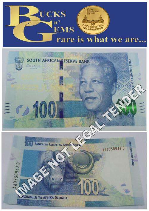 MANDELA NOTE -- R100  SERIAL "AA - NUMBERS"-- PERFECT MINT CONDITION UNC 100 IN SERIES -BID PER NOTE