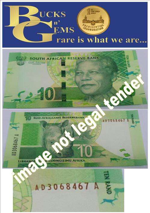 13 SEQUENCE -  MANDELA NOTE -- R10  SEQUENTIAL SERIAL NUMBER "AD "-- PERFECT MINT CONDITION UNC