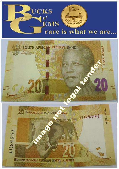 4 SEQUENCE -  MANDELA NOTE -- R20  SEQUENTIAL SERIAL NUMBER " AJ "-- PERFECT MINT CONDITION UNC