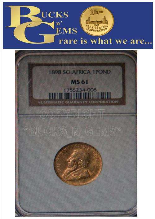 **POND MS61** 1898 ZAR GOLD POND **UNC- MS61** -NGC 5th HIGHEST GRADE VERY RARE GOLD VALUE HIGH