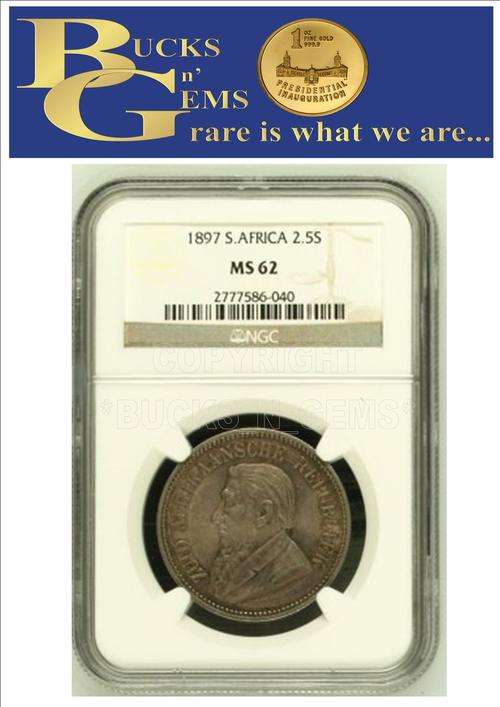 RARE ** MS62 ** 1897 ZAR 2 1/2 SHILLING ** MS 62 * HALFCROWN *--NGC GRADED HERNS VALUE - LOW MINT
