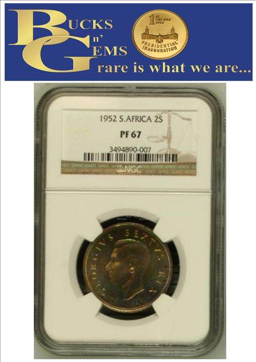 FINEST KNOWN ** PF67 ** 1952 UNION 2 SHILLING ** PF67 **- NGC HIGHEST GRADE PROOF