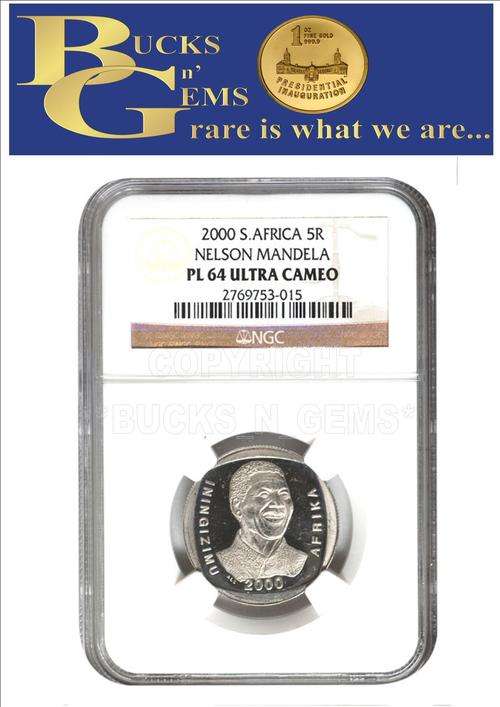 **PL64 U/CAMEO**--2000 MANDELA SMILE R5 COIN **PL64 ULTRA CAMEO**--NGC GRADED HIGH VALUE