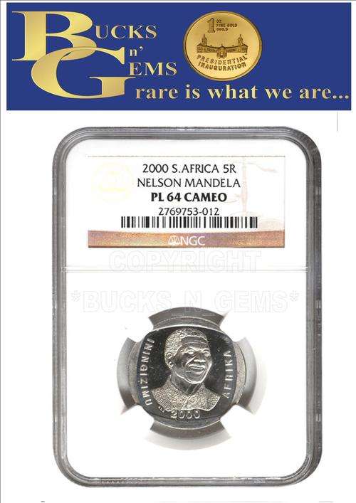 **PL64 CAMEO**--2000 MANDELA SMILE R5 COIN **PL64 CAMEO**--NGC GRADED HIGH VALUE -3RD FINEST