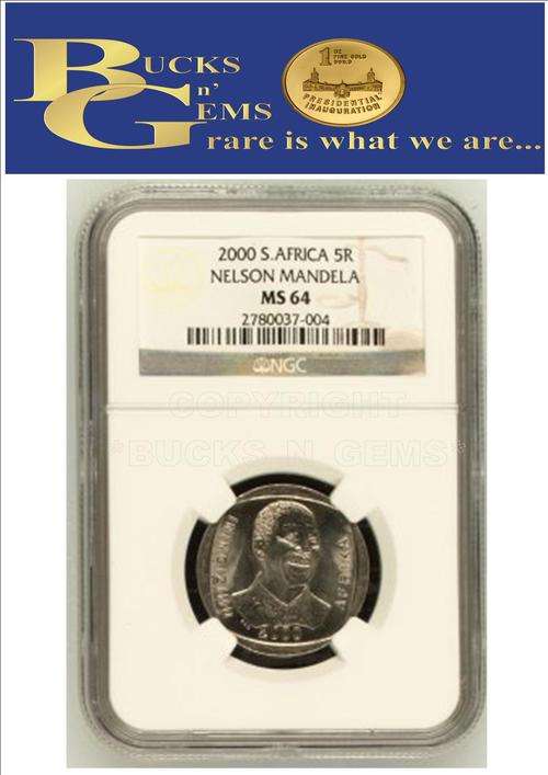 **MOST RARE* 2000 MANDELA SMILE R5 COIN MS64 - NGC GRADED 2000 R5 MOST RARE R5