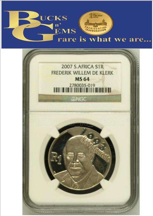 **UNC MS64** 2007 S1R SILVER  **F W DE KLERK** MS64 *-NGC HIGH GRADE - RARE IN UNC 5000 RANDS