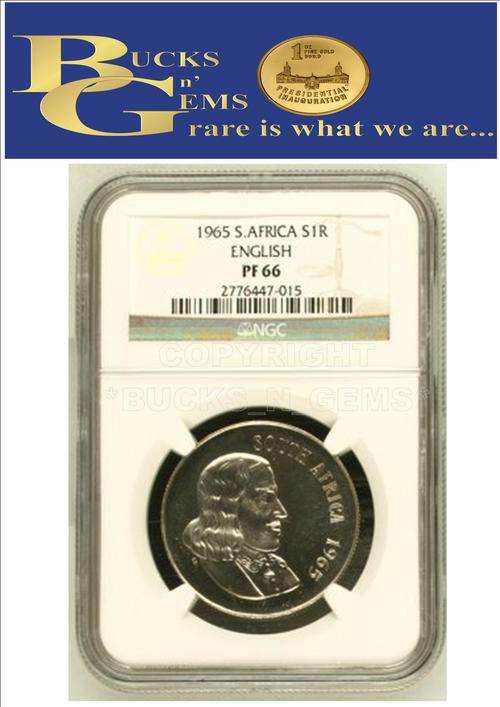 2ND FINEST KNOWN - 1965 REPUBLIC OF SA - 1 RAND SILVER - PF66 - NGC HIGH GRADED