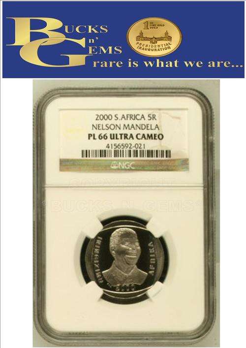 **PL66 UC**--2000 MANDELA SMILE R5 COIN **PL66 ULTRA CAMEO 3RD HIGHEST NGC GRADE