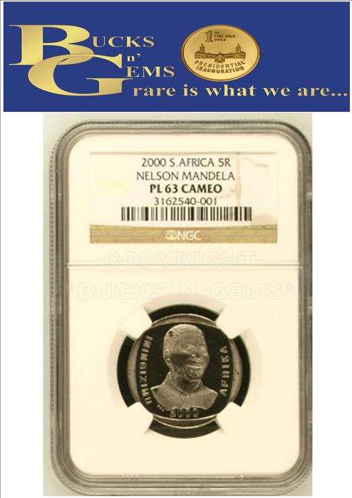 **PL63 CAMEO**--2000 MANDELA SMILE R5 COIN **PL63 CAMEO**--NGC GRADED HOW MANY U SEEN?