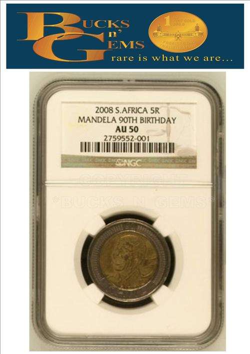 RARE * AU50 * *2008 MANDELA 90TH BIRTHDAY ** AU50 ** R5 COIN -NGC GRADED RARE GRADE
