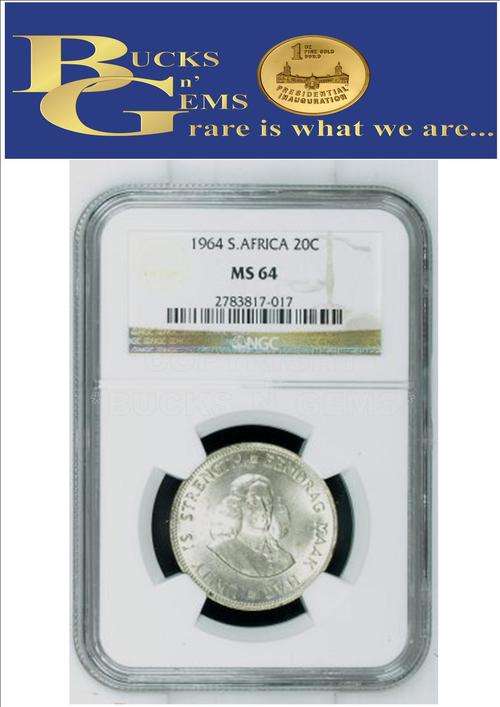 1964 REPUBLIC OF SA - 20 CENT - MS64 - NGC GRADED