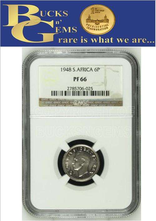 2ND FINEST - 1948 UNION 6 PENCE - PF66 - NGC 2ND FINEST GRADE