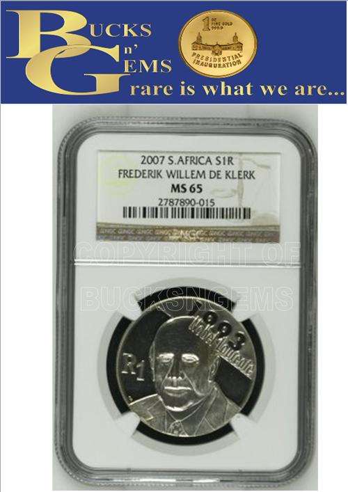 **UNC MS65 ** 2007 S1R SILVER  **F W DE KLERK** MS65 *-NGC HIGH GRADE - RARE IN UNC 5000 RANDS