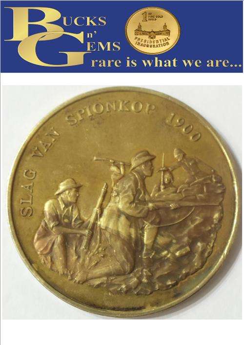 RARE 925 SILVER - GOLD PLATED GESKIEDENIS IN BEELD AFRIKANERS MEDALLIONS * SPIONKOP * 43/60 -37gr