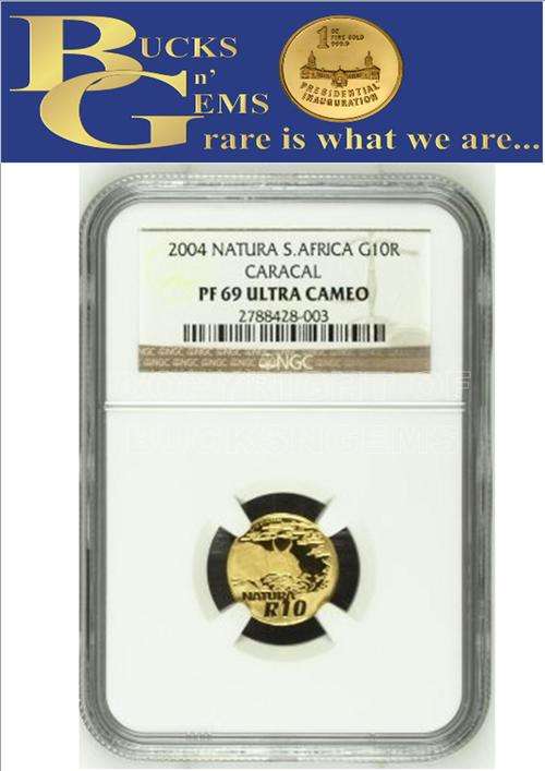 FINEST NATURA**PF69 UC** 2004 NATURA GOLD 1/10TH  **CARACAL** PF69 ULTRA CAMEO*-NGC HIGHEST GRADED