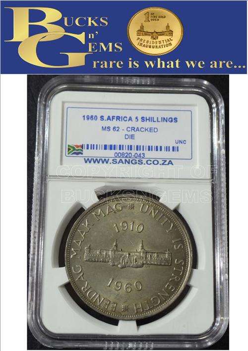 1960 UNION 5 SHILLING MINT ERROR - CRACKED DIE - MS62 - SANGS GRADED RARETY