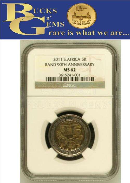 **SARB MS62 ** 2011 SOUTH AFRICAN RESERVE BANK R5 ** MS62 **NGC GRADED--RARE