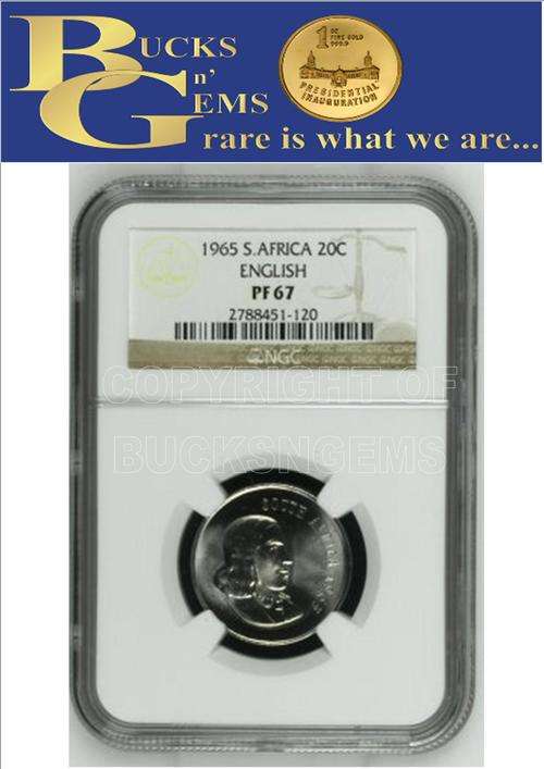 FINEST KNOWN - 1965 REPUBLIC OF SA - 20 CENT - ENGLISH - PF67 - NGC GRADED