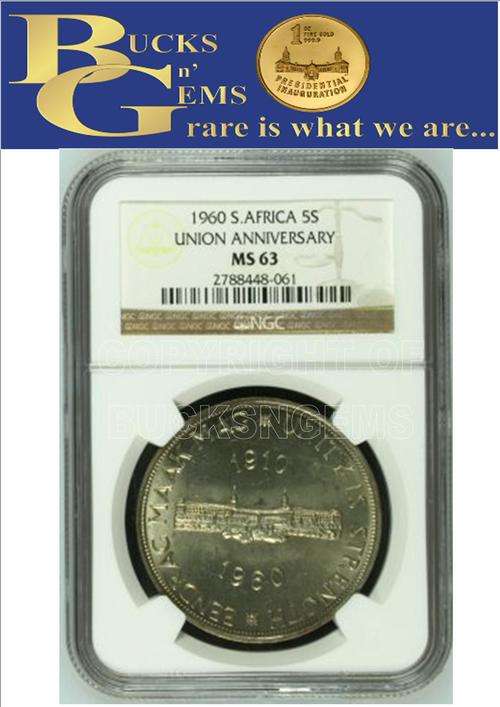 1960 UNION 5 SHILLING ** MS63 ** UNION ANNIVERSARY - NGC GRADED - HIGH HERNS VALUE