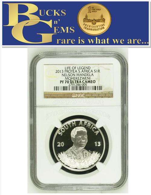 FINEST 2013 PROTEA SILVER 1 RAND - LIFE OF A LEGEND * NELSON MANDELA * PF70 ULTRA CAMEO - NGC GRADED