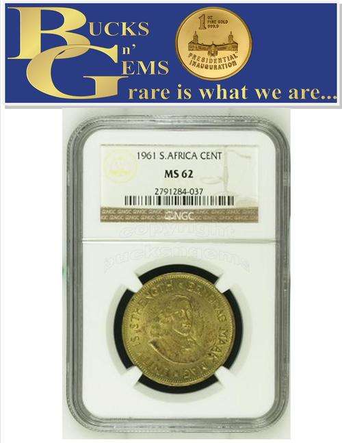 1961 REPUBLIC OF SA - 1 CENT  - MS62 - NGC GRADED