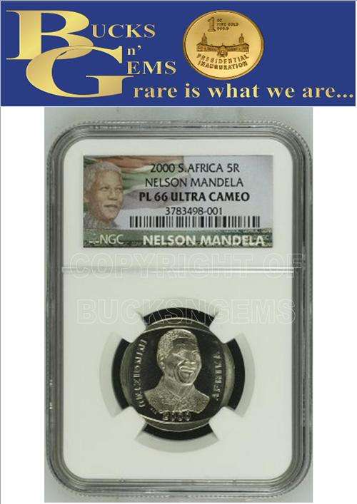 LIMITED EDITION 2000 MANDELA SMILE R5 COIN **PL66 ULTRA CAMEO**--NGC GRADED MANDELA COLOUR LABEL