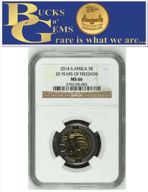 1ST ON BOB - 2014 RSA R5 COIN - 20 YEARS OF DEMOCRACY - MS66 - NGC GRADED RARE LIMITED 2ND FINEST