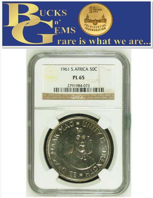 2ND FINEST - 1961 REPUBLIC OF SA - 50 CENT  - PL65 - NGC HIGH GRADE GOOD VALUE