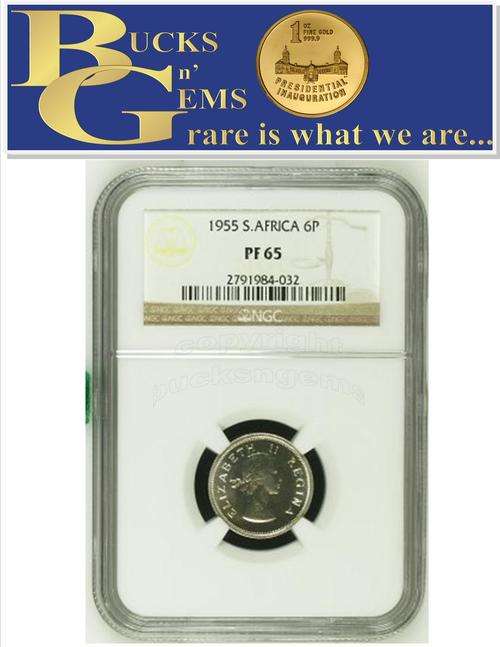RARE - 1955 UNION 6 PENCE * PF65 * NGC GRADED "2250 MINTED"