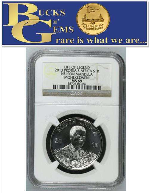 2ND FINEST 2013 PROTEA SILVER 1 RAND - LIFE OF A LEGEND * NELSON MANDELA - MS69 - NGC GRADED