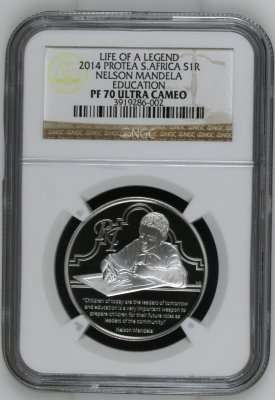 FINEST 2014 PROTEA SILVER 1 RAND - LIFE OF A LEGEND * NELSON MANDELA EDUCATION - PF70UC - NGC GRADED