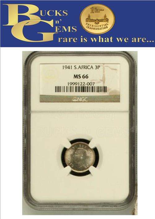 FINEST KNOWN - 1941 UNION 3 PENCE ** MS66 ** - NGC GRADED - HIGHLY RARE IN MINT STATE UNC CONDITION