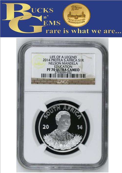 FINEST 2014 PROTEA SILVER 1 RAND - LIFE OF A LEGEND * NELSON MANDELA EDUCATION - PF70UC - NGC GRADED
