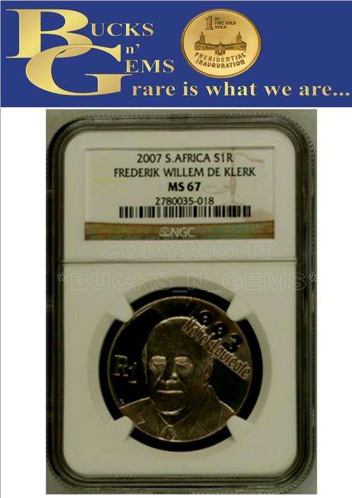 UNC - 2007 S1R SILVER  ** DE KLERK PEACE PRIZE ** PURE SILVER ** MS67 - NGC GRADED 2ND FINEST