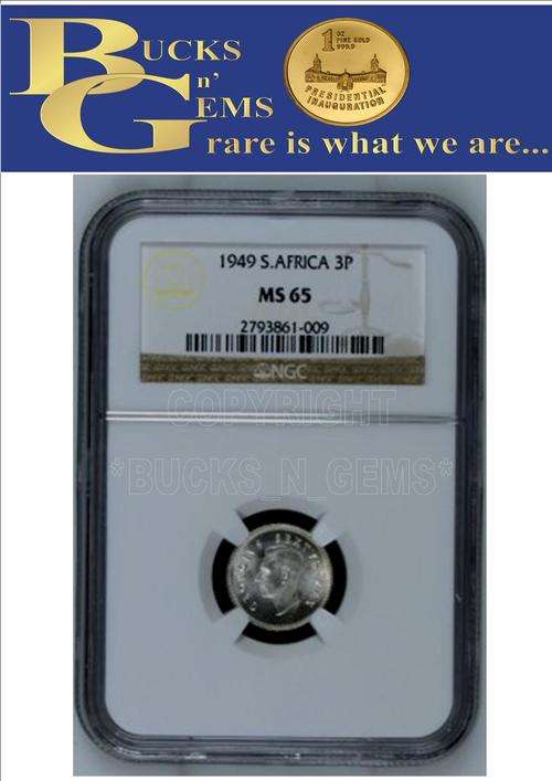 2ND FINEST - 1949 UNION 3 PENCE * MS65 * PERFECT UNC - NGC GRADE 2 IN MS66
