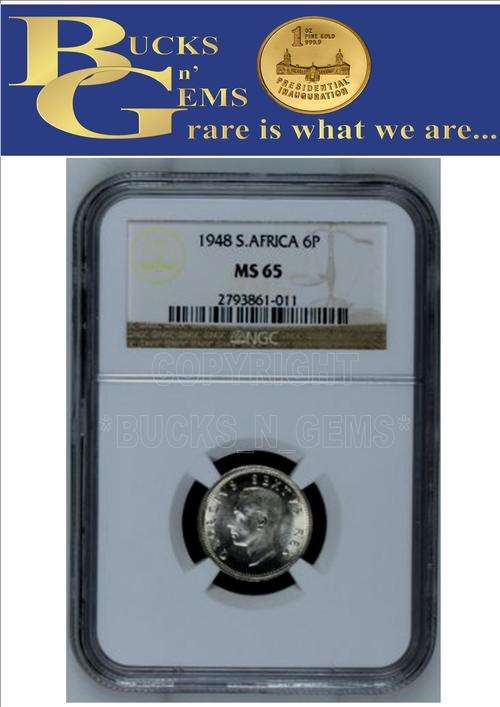 2ND FINEST - 1948 UNION 6 PENCE * MS65 * PERFECT UNC - NGC GRADE 3 IN MS66