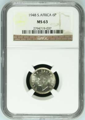 1948 UNION 6 PENCE - MS63 - NGC GRADE - 4TH FINEST - HERNS VALUE R385 - 2.2 MIL. MINTED