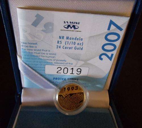 2007 PROTEA GOLD 5 RAND 1/10TH PROTEA * NELSON MANDELA SPEECH* - SAMINT BOX + COA