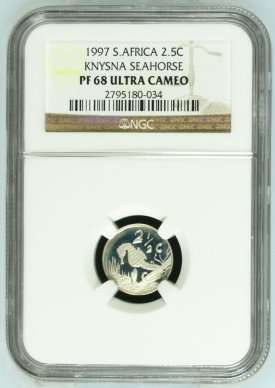 1997 TICKEY SILVER 2.5 CENT - PF68 ULTRA CAMEO " KNYSNA SEAHORSE "- NGC GRADED RARE COIN