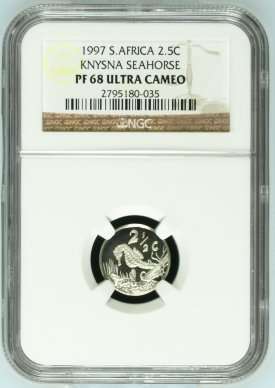 1997 TICKEY SILVER 2.5 CENT - PF68 ULTRA CAMEO " KNYSNA SEAHORSE "- NGC GRADED RARE COIN