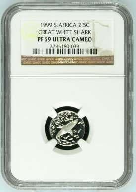 1999 TICKEY SILVER 2.5 CENT - PF69 ULTRA CAMEO " GREAT WHITE SHARK " NGC GRADE RARE COIN