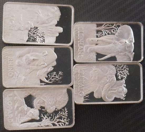 1oz PURE 999.9 SILVER ** BIG 5 ** MINTED BAR - 1 ANIMAL(REVERSE) - COA(OBVERSE) bid per bar 5 avail.