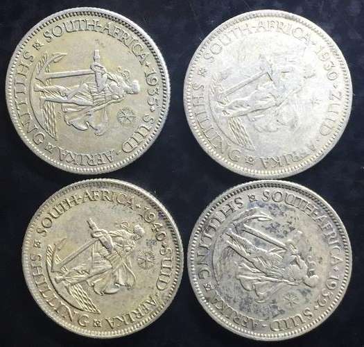 SET OF 4 - 1930-1940 UNION 1 SHILLING- XF -AU - SILVER 18 gr HERNS VALUE R48200 IN UNC