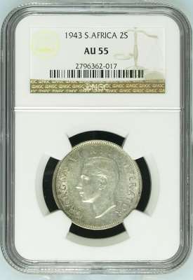 1943 UNION 2 SHILLING  - AU55 - NGC GRADE - HERNS VALUE - R1000 IN UNC / MS