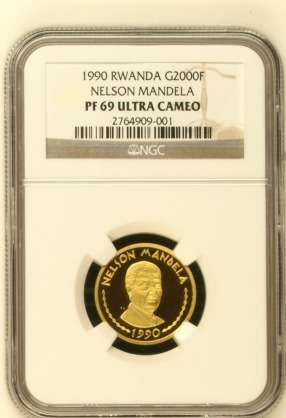 FOR A CLIENT - 1990 RWANDA G2000F NELSON MANDELA 22KT GOLD 1/4 OUNCE -*PF69 ULTRA CAMEO* NGC GRADE