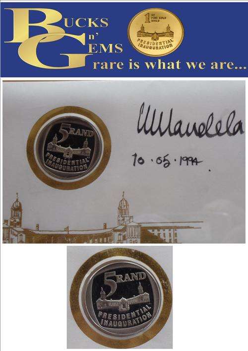 sale- MANDELA SIGNED & DATED - 1994 INAUGURATION R5 COIN FDC MANDELA SIGNED CERTIFIED IN UK & FRAMED