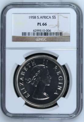 FINEST KNOWN - 1958 UNION 5 SHILLING ** PL66 ** - NGC GRADED - HIGH HERNS VALUE -ONLY 985 MINTED